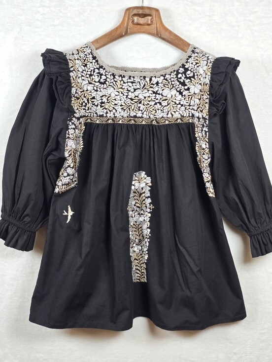 Mi Golondrina Tops - Mi Golondrina Black Floral Embroidered Blouse Sz.M Cotton Peasant Boho Top